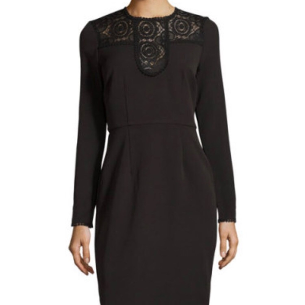 Neiman Marcus Lace-Inset Long-Sleeve Sheath Dress